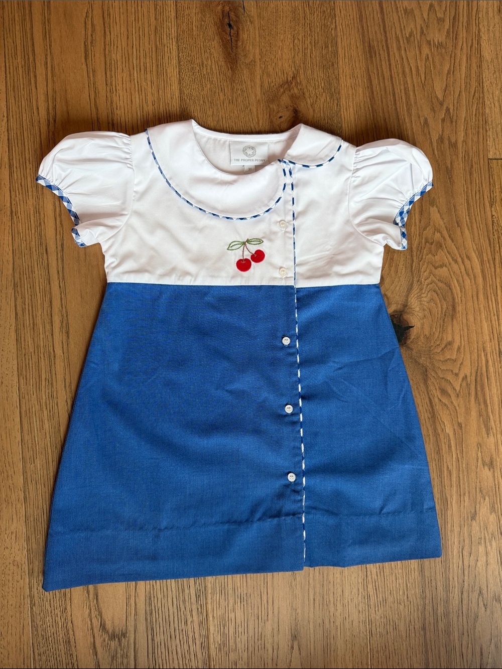 Girls White & Blue Cherry Appliqué Dress